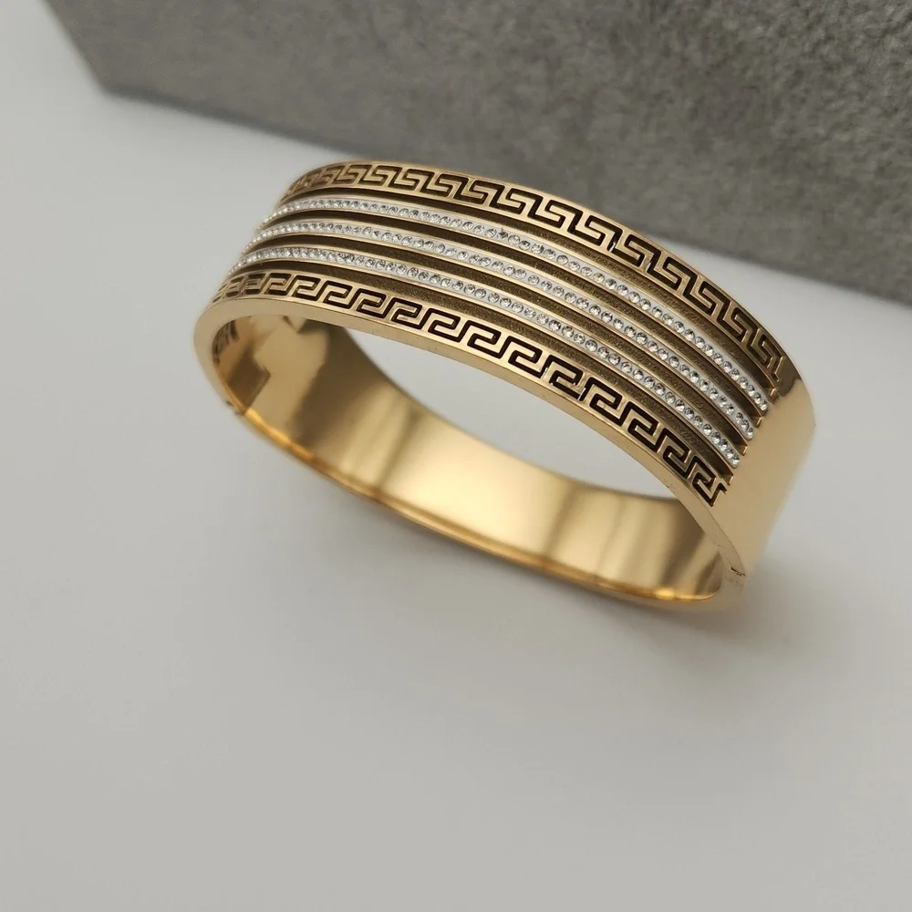 Elegant Gold-Tone Greek Key Bangle Bracelet with Crystal Accents - Picture 2 of 7